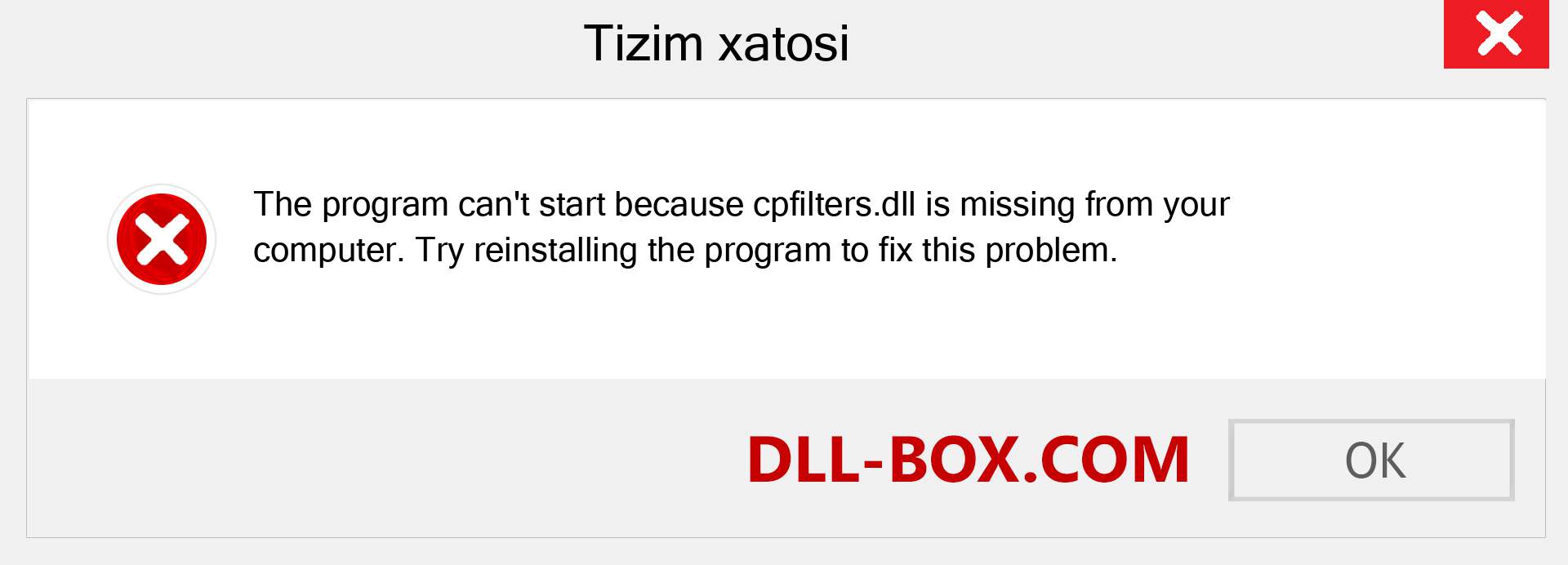 cpfilters.dll fayli yo'qolganmi?. Windows 7, 8, 10 uchun yuklab olish - Windowsda cpfilters dll etishmayotgan xatoni tuzating, rasmlar, rasmlar